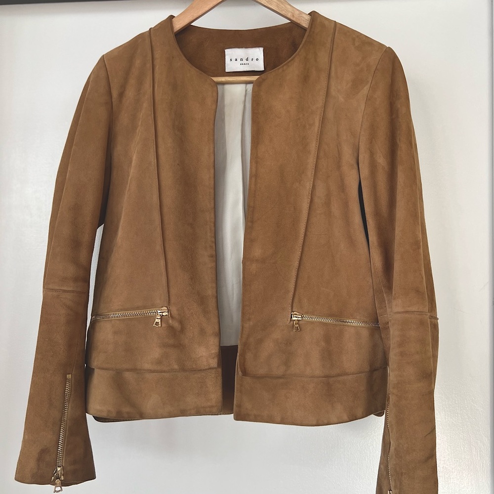 S A N D R O Camel Suede Zip-Accent Open-Front Leather Jacket
